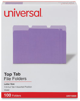 Universal® Deluxe Colored Top Tab File Folders 1/3-Cut Tabs: Assorted, Letter Size, Violet/Light Violet, 100/Box