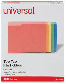 Universal® Deluxe Colored Top Tab File Folders 1/3-Cut Tabs: Assorted, Letter Size, Colors, 100/Box