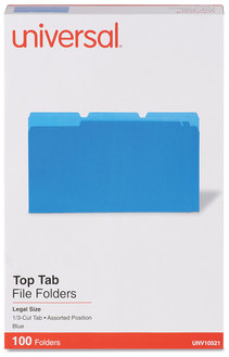 Universal® Deluxe Colored Top Tab File Folders 1/3-Cut Tabs: Assorted, Legal Size, Blue/Light Blue, 100/Box