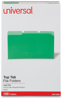 Universal® Deluxe Colored Top Tab File Folders 1/3-Cut Tabs: Assorted, Legal Size, Bright Green/Light Green, 100/Box