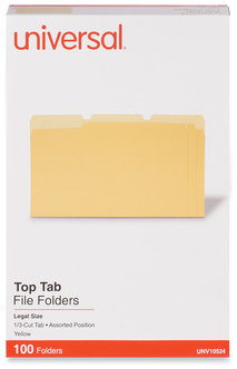 Universal® Deluxe Colored Top Tab File Folders 1/3-Cut Tabs: Assorted, Legal Size, Yellow/Light Yellow, 100/Box