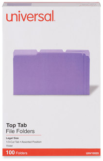 Universal® Deluxe Colored Top Tab File Folders 1/3-Cut Tabs: Assorted, Legal Size, Violet/Light Violet, 100/Box