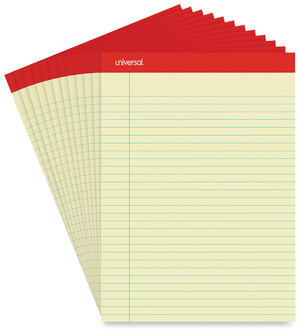 Universal® Perforated Ruled Writing Pads Wide/Legal Rule, Red Headband, 50 Canary-Yellow 8.5 x 11.75 Sheets, Dozen