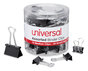 A Picture of product UNV-11160 Universal® Binder Clips with Storage Tub, (50) Small (0.75"), (10) Medium (1.25"), Black/Silver