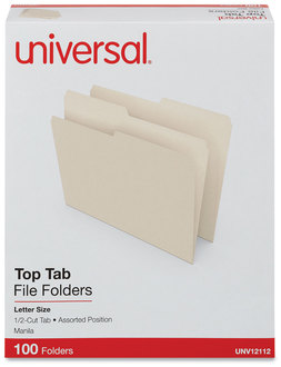 Universal® Top Tab File Folders 1/2-Cut Tabs: Assorted, Letter Size, 0.75" Expansion, Manila, 100/Box