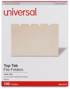 Universal® Top Tab File Folders 1/5-Cut Tabs: Assorted, Letter Size, 0.75" Expansion, Manila, 100/Box