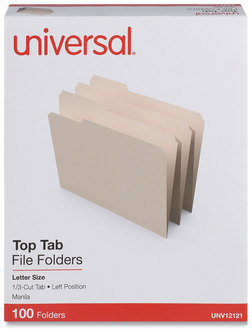 Universal® Top Tab File Folders 1/3-Cut Tabs: Left Position, Letter Size, 0.75" Expansion, Manila, 100/Box