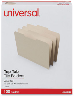 Universal® Top Tab File Folders 1/3-Cut Tabs: Center Position, Letter Size, 0.75" Expansion, Manila, 100/Box