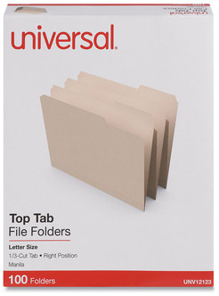 Universal® Top Tab File Folders 1/3-Cut Tabs: Right Position, Letter Size, 0.75" Expansion, Manila, 100/Box
