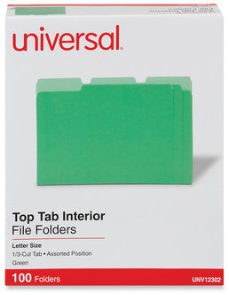 Universal® Interior File Folders 1/3-Cut Tabs: Assorted, Letter Size, 11-pt Stock, Green, 100/Box