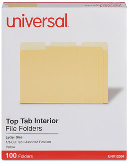 Universal® Interior File Folders 1/3-Cut Tabs: Assorted, Letter Size, 11-pt Stock, Yellow, 100/Box