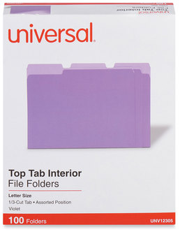 Universal® Interior File Folders 1/3-Cut Tabs: Assorted, Letter Size, 11-pt Stock, Violet, 100/Box