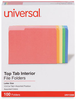 Universal® Interior File Folders 1/3-Cut Tabs: Assorted, Letter Size, 11-pt Stock, Colors, 100/Box