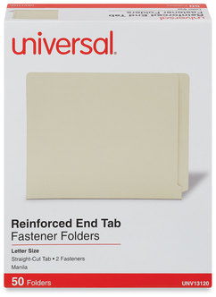 Universal® Reinforced End Tab Fastener Folders 0.75" Expansion, 2 Fasteners, Letter Size, Manila Exterior, 50/Box