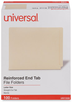 Universal® Deluxe Reinforced End Tab Folders Straight Tabs, Letter Size, 0.75" Expansion, Manila, 100/Box