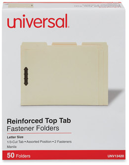Universal® Deluxe Reinforced Top Tab Fastener Folders 0.75" Expansion, 2 Fasteners, Letter Size, Manila Exterior, 50/Box