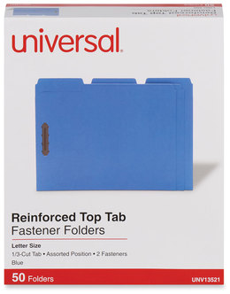 Universal® Deluxe Reinforced Top Tab Fastener Folders 0.75" Expansion, 2 Fasteners, Letter Size, Blue Exterior, 50/Box