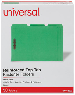 Universal® Deluxe Reinforced Top Tab Fastener Folders 0.75" Expansion, 2 Fasteners, Letter Size, Green Exterior, 50/Box