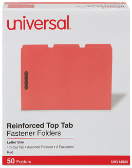 Universal® Deluxe Reinforced Top Tab Fastener Folders 0.75" Expansion, 2 Fasteners, Letter Size, Red Exterior, 50/Box