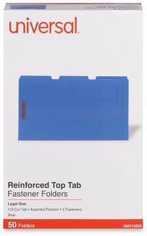 Universal® Deluxe Reinforced Top Tab Fastener Folders 0.75" Expansion, 2 Fasteners, Legal Size, Blue Exterior, 50/Box