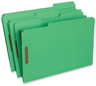 Universal® Deluxe Reinforced Top Tab Fastener Folders 0.75" Expansion, 2 Fasteners, Legal Size, Green Exterior, 50/Box