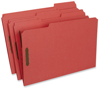 Universal® Deluxe Reinforced Top Tab Fastener Folders 0.75" Expansion, 2 Fasteners, Legal Size, Red Exterior, 50/Box