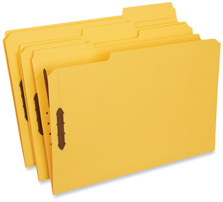 Universal® Deluxe Reinforced Top Tab Fastener Folders 0.75" Expansion, 2 Fasteners, Legal Size, Yellow Exterior, 50/Box