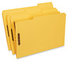 A Picture of product UNV-13528 Universal® Deluxe Reinforced Top Tab Fastener Folders 0.75" Expansion, 2 Fasteners, Legal Size, Yellow Exterior, 50/Box