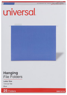 Universal® Deluxe Bright Color Hanging File Folders Letter Size, 1/5-Cut Tabs, Blue, 25/Box