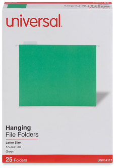 Universal® Deluxe Bright Color Hanging File Folders Letter Size, 1/5-Cut Tabs, Green, 25/Box