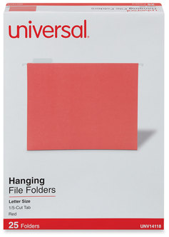 Universal® Deluxe Bright Color Hanging File Folders Letter Size, 1/5-Cut Tabs, Red, 25/Box