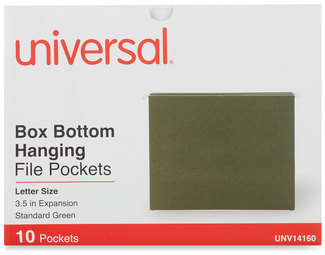 Universal® Hanging Box Bottom File Pockets 1 Section, 3.5" Capacity, Letter Size, Standard Green, 10/Box