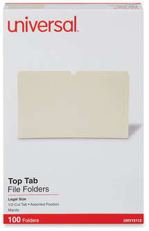 Universal® Top Tab File Folders 1/2-Cut Tabs: Assorted, Legal Size, 0.75" Expansion, Manila, 100/Box