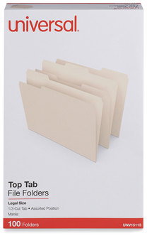 Universal® Top Tab File Folders 1/3-Cut Tabs: Assorted, Legal Size, 0.75" Expansion, Manila, 100/Box