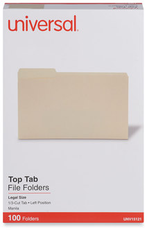 Universal® Top Tab File Folders 1/3-Cut Tabs: Left Position, Legal Size, 0.75" Expansion, Manila, 100/Box