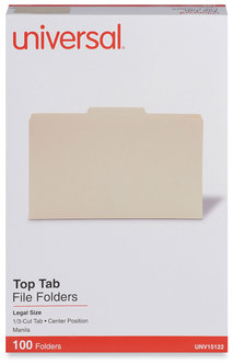 Universal® Top Tab File Folders 1/3-Cut Tabs: Center Position, Legal Size, 0.75" Expansion, Manila, 100/Box