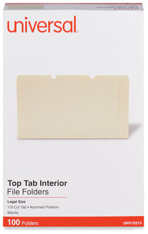 Universal® Interior File Folders 1/3-Cut Tabs: Assorted, Legal Size, 9.5-pt Manila, 100/Box