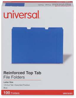 Universal® Reinforced Top-Tab File Folders 1/3-Cut Tabs: Assorted, Letter Size, 1" Expansion, Blue, 100/Box