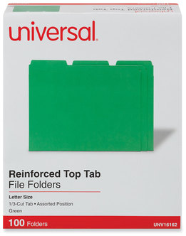 Universal® Reinforced Top-Tab File Folders 1/3-Cut Tabs: Assorted, Letter Size, 1" Expansion, Green, 100/Box