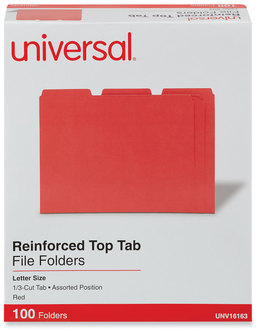 Universal® Reinforced Top-Tab File Folders 1/3-Cut Tabs: Assorted, Letter Size, 1" Expansion, Red, 100/Box