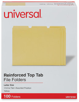 Universal® Reinforced Top-Tab File Folders 1/3-Cut Tabs: Assorted, Letter Size, 1" Expansion, Yellow, 100/Box