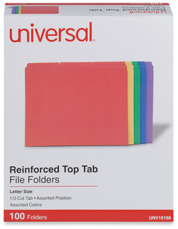 Universal® Reinforced Top-Tab File Folders 1/3-Cut Tabs: Assorted, Letter Size, 1" Expansion, Colors, 100/Box