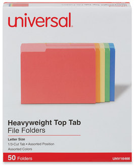 Universal® Deluxe Heavyweight File Folders 1/3-Cut Tabs: Assorted, Letter Size, 0.75" Expansion, Colors, 50/Box