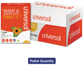 Universal® 30% Recycled Copy Paper 92 Bright, 20 lb Bond Weight, 8.5 x 11, White, 500 Sheets/Ream, 10 Reams/Carton, 40 Cartons/Pallet