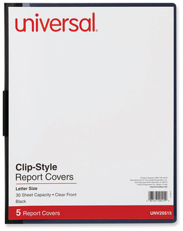 Universal® Clip-Style Report Cover Clip Fastener, 8.5 x 11, Clear/Black, 5/Pack