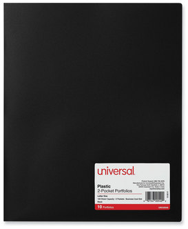 Universal® Two-Pocket Plastic Folders 100-Sheet Capacity, 11 x 8.5, Black, 10/Pack