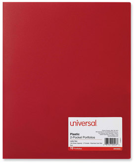 Universal® Two-Pocket Plastic Folders 100-Sheet Capacity, 11 x 8.5, Red, 10/Pack