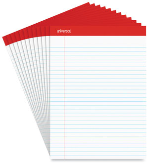 Universal® Perforated Ruled Writing Pads Wide/Legal Rule, Red Headband, 50 White 8.5 x 11.75 Sheets, Dozen