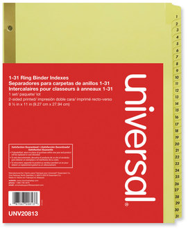 Universal® Deluxe Preprinted Plastic Coated Tab Dividers with Black Printing 31-Tab, 1 to 31, 11 x 8.5, Buff, Set