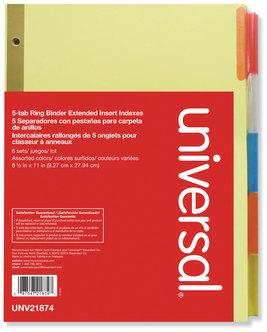 Universal® Deluxe Extended Insertable Tab Indexes 5-Tab, 11 x 8.5, Buff, Assorted Tabs, 6 Sets